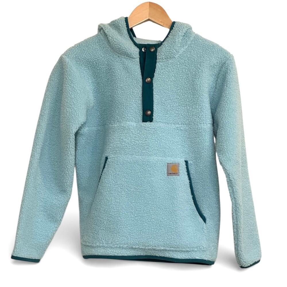 Carhartt Sherpa Fleece Quarter Snap Hoodie Turquoise Youth XL 14 NWT